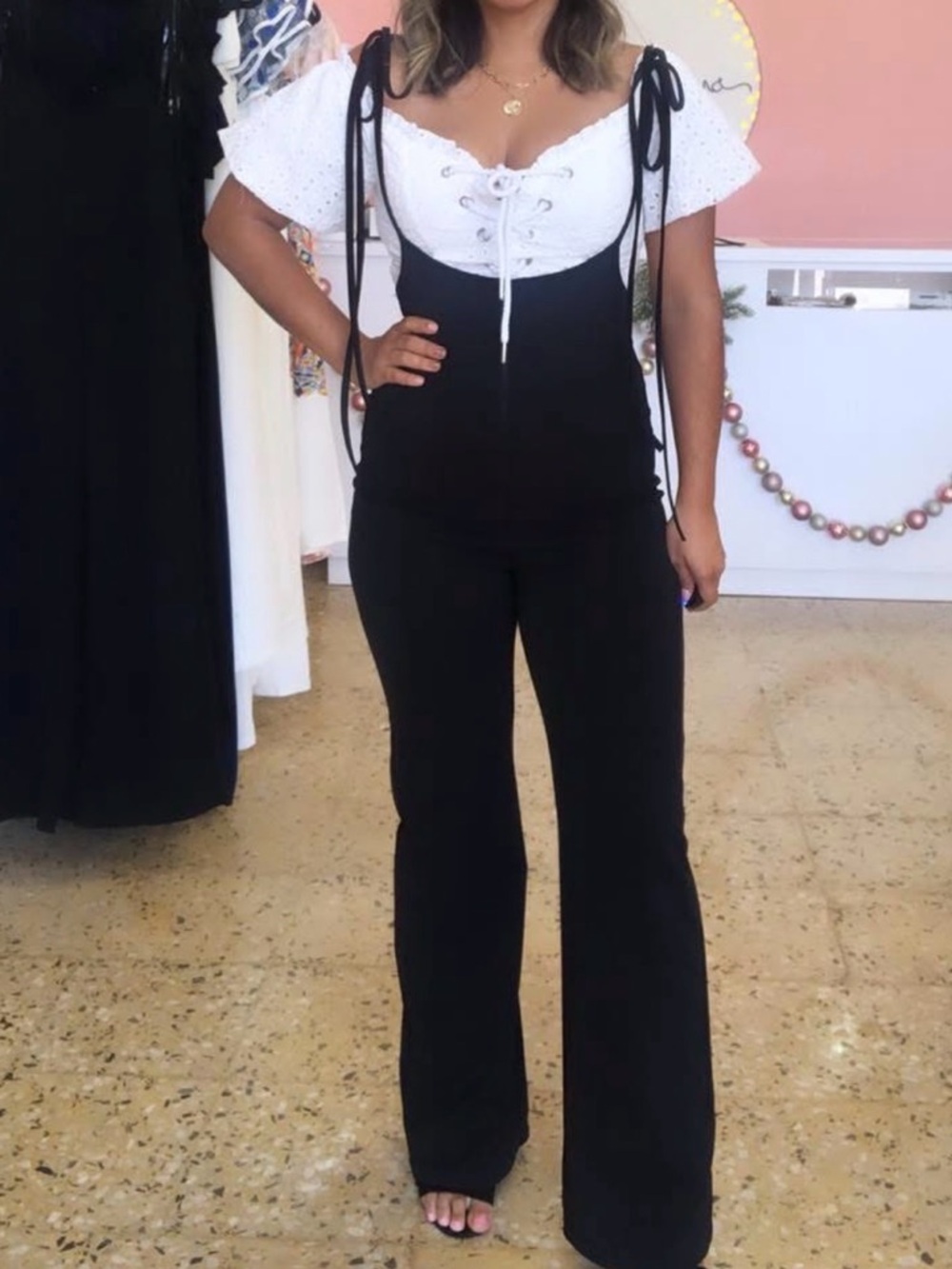 Chocolate Black Wide-Leg Boot Cut Jumpsuit with White Lace Bodice